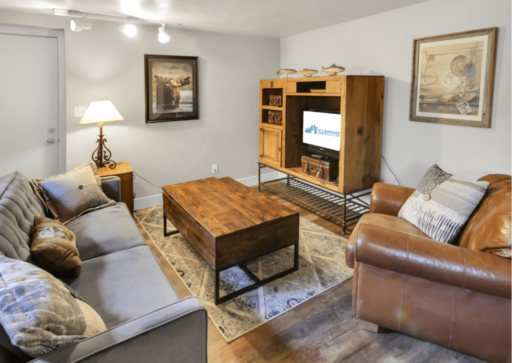 Lower level living room with pull out sofa bed.