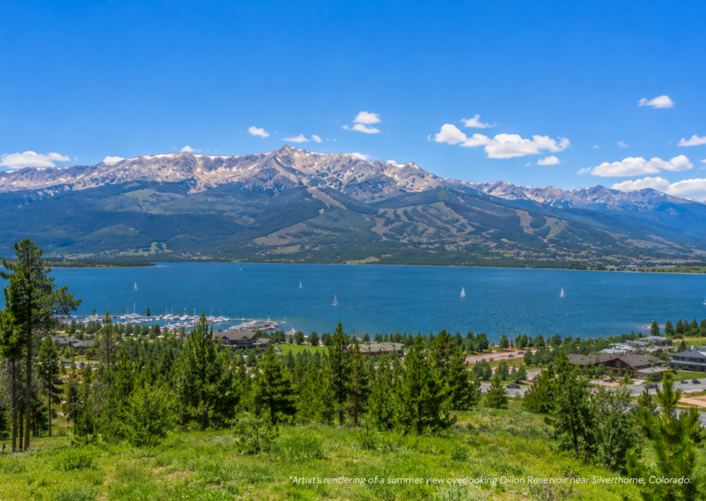 Lake Dillon boat rental on a sunny summer day with a pontoon boat cruising across the lake surrounded by Colorado mountains