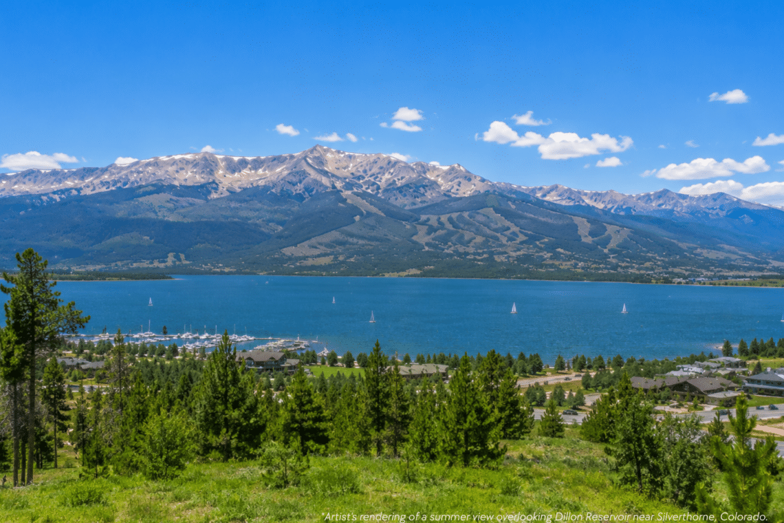 Lake Dillon boat rental on a sunny summer day with a pontoon boat cruising across the lake surrounded by Colorado mountains