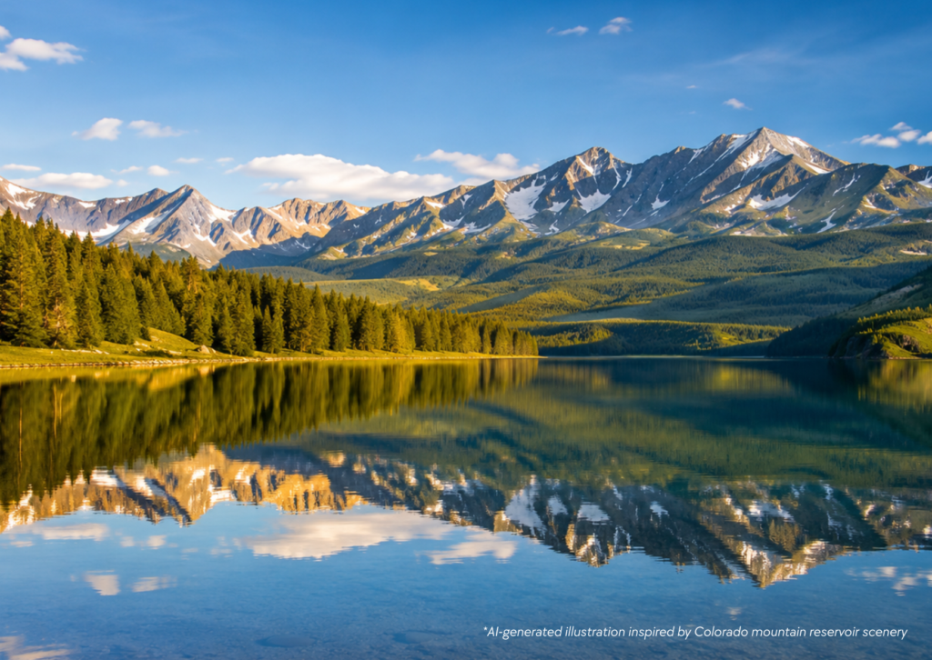 Dillon Reservoir boat rental destination with calm mountain waters, snow-capped Rocky Mountains, and pine forests on a summer morning