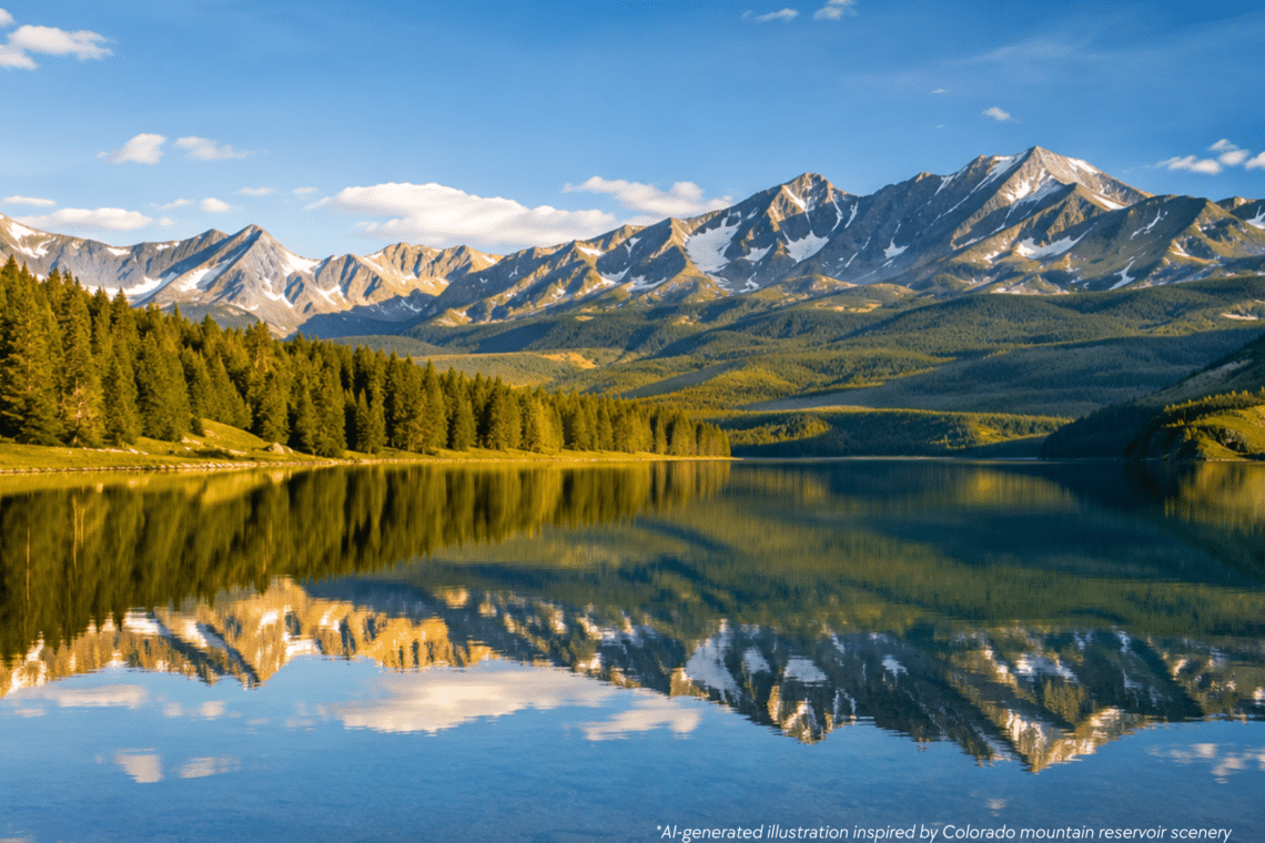 Dillon Reservoir boat rental destination with calm mountain waters, snow-capped Rocky Mountains, and pine forests on a summer morning