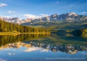 Dillon Reservoir boat rental destination with calm mountain waters, snow-capped Rocky Mountains, and pine forests on a summer morning